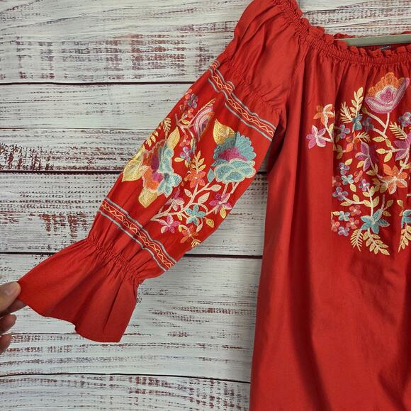 Free People Red Fleur Du Jour Mini Dress S Bold Floral Embroidered Boho Festival - Picture 9 of 14